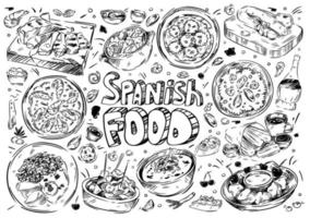 Hand drawn vector illustration. Doodle Spanish food, gazpacho, fabada, paella, patatas bravas, chorizo, leche frita, churros, wine, tapas, garlic prawns, allioli, albondigas