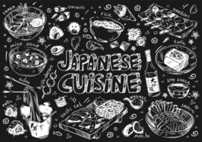 Hand drawn vector illustration food. Doodle Japan cuisine, rolls, sushi, miso soup, noodles, udon, rice, soy sauce, onigiri, sashimi, wagashi, tofu, yakitori, meat, bento, desserts, mochi