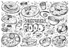 Hand drawn vector illustration. Doodle Belarusian food, kletski, nalistniki, pancakes, babka, draniki, sashni, fruit drink, soup