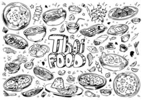 Hand drawn vector illustration. Doodle Thai food, shrimp, tofu, seaweed, rice, Tom Yam Kung, seafood, sauces, exotic fruits, pancakes, spring rolls