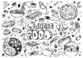 Hand drawn vector illustration. Doodle Chinese food, soups, dumpling, hotpot, fish, noodles, spring rolls, rice, meat, eggs, salad, tea