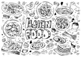 Hand drawn vector illustration. Doodle Italian food, pizza, chese, bruschetta, pasta carbonara, risotto, lasagna, pesto, ravioli, basil, meat fiorentina, wine