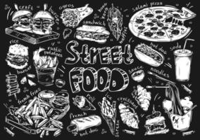 Hand drawn vector illustration. Doodle street fast food, burger, sandwich, french fries, french hot dog, roll, ice scream, croissant, noodles, sauce, soda, pizza, hong kong waffles, potatoes