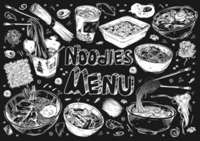 ilustración vectorial bocetos dibujados a mano de comida. garabatear tipos de fideos, soba, funchose, udon, ramen, wok vector