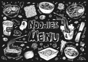 Vector illustration. Hand drawn sketches of food. Doodle types of noodles, soba, funchose, udon, ramen, somen, wok. Instant noodle ingredients