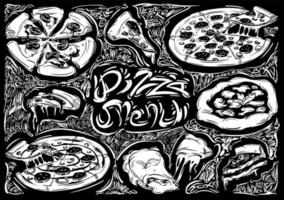 Vector design food with graphic illustrations of pizza on the black background. Vintage elements, words, letters