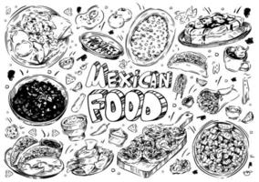 Hand drawn vector illustration. Doodle Mexican food, carnitas huevos rancheros, churros, instant pot black beans, classic tres leches cake, street corn, pico de gallo, taco, burrito, lime, salsa