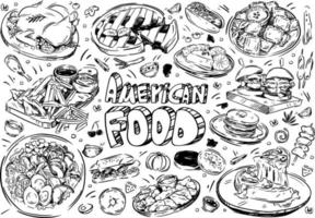 ilustración vectorial dibujada a mano. doodle comida americana, perrito caliente, hamburguesa, papas fritas, tomate, pavo, albóndigas, cobb, donas, pastel vector