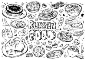 Hand drawn vector illustration. Doodle Russian food, borscht, soup, olivier salad