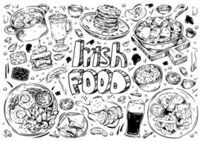 Hand drawn vector illustration. Doodle Irish food, colcannon, potatoes, boxty, dexter beef, grill meat, wurst, beer, coffee, bacon, bread