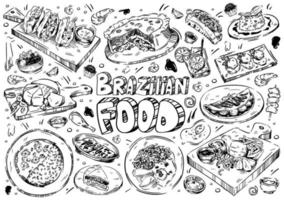 Hand drawn vector illustration. Doodle Brazilian food, barbecued meat, chocolate truffle, snacks, vinagrette salsa, rise, fish stew, chicken pie, caipirinha