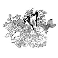 Design vector outline squid, wave, and fish. design for coloring page. design line art painting, doodle, line art for tattoo. japan art.