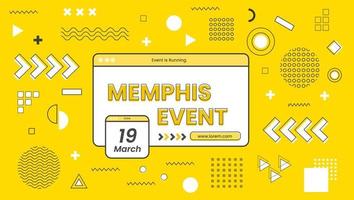 Memphis event banner design with assorted yellow and black modern geometric elements. Memphis template design, banner design, background memphis event poster design with many memphis assets style eps vector