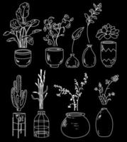 Home plants bohemian bundle. Interior decor vector hand drawn set. Doodle pots and vases collection with cactus, monstera, succulents and leaves.