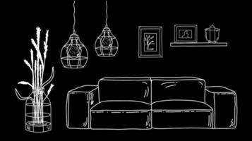 Vector line sketch of living room. Hand drawing furniture. Line art. Interior design with sofa, light hanging lamp, home plants, frames on the wall.