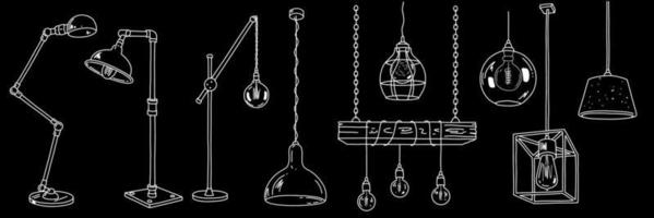 Set of floor and ceiling lamps. Loft style torchere. Industrial design element for home illumination and decor. Vector illustration.