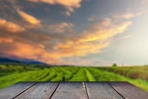 Wooden floor with beautiful sunset blur image of tea plantation background. photo