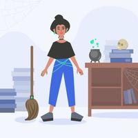 Illustration of a modern cute witch with a broom and a cauldron in a flat style vector