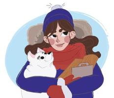 niña con un perro en una caminata de invierno vector