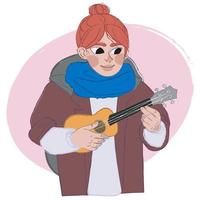 ilustración de una joven pelirroja con una pequeña guitarra ukelele vector