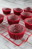 baked red velvet cupcakes on red wire rack