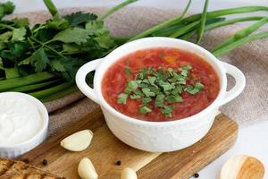 Traditional Russian beetroot borscht with parsley. Beetroot soup in a bowl on a wooden board with sour cream and bread