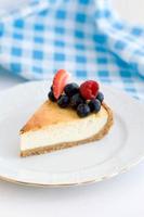 a piece of New York cheesecake on a white plate on a blue background, close-up photo