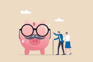 Retirement savings plan, pension fund or investment for elderly, 401k or financial asset for retiree, profit, earning and growth concept, elderly retiree couple stand with wealthy old aged piggy bank. vector
