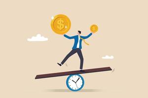 Time value of money, sum of money worth more now at present time than future, inflation or earning cost, value depend on time, businessman investor holding money big and small coin on clock seesaw. vector
