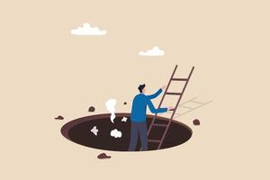 Effort and brave to solve business problem, get out of crisis or escape from trouble situation, reaching goal or solution concept, businessman survivor climb up ladder out of the hole or deep crater. vector