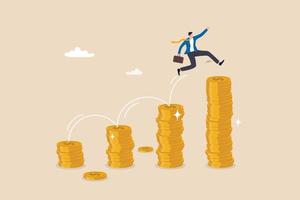 Pay raise salary increase, wages or income growth, investment profit and earning rising up, career development or wealth management concept, happy businessman jumping on rising money coin stack. vector