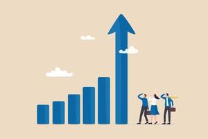 Grow business increase sales and profit, growth or progress to achieve goal and target, improve or development to boost performance concept, business people team looking at high rising up graph arrow. vector