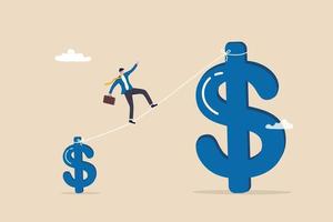 Investment growth high risk high reward, growing wealth or increase wages, salary or income, earning or profit savings concept, businessman investor acrobat walking from small dollar to bigger one. vector