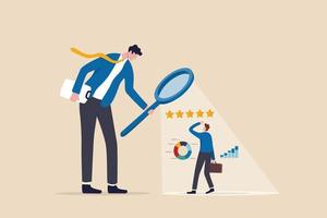 Employee performance evaluation, appraisal or annual review for goals achievement, assessment for rating or feedback concept, businessman manager use magnifier to analyze employee with 5 stars rating. vector