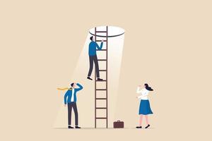 Hopefulness motivation to solve problem, challenge to overcome difficulty or courage to escape for freedom, hope to overcome fear concept, businessman climb up ladder to light shining way out. vector