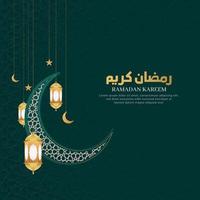 Ramadan Kareem Islamic Arabic Green Luxury Background with Geometric pattern and Beautiful Crescent Moon Ornament with Lanterns vector