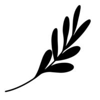 Silhouette of twigs with leaves. Isolated icon on white background. Simple botanical element, black doodle. Hand drawn branch vector