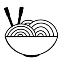 Traditional asian noodles or lagman. Vector icon isolated on white background. Hand drawn black outline doodle. Noodles in a plate with chopsticks