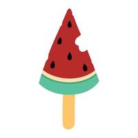 Bitten watermelon slice popsicle vector icon. Hand drawn illustration isolated on white background. Delicious summer dessert, fruit ice. Ice cream on a stick, flat cartoon style