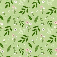 Spring seamless vector pattern with sakura flowers and leaves on green background