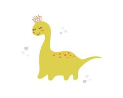 Cute little dinosaur girl drawn in doodle style. Funny vector dino princess