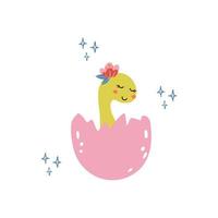 Cute young baby dinosaur hatching from the egg. Funny vector illustration