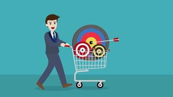 Animation of businessman with target and an arrow in a shopping cart. video