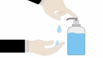 animation de gel pour l'hygiène des mains propres prévention de la propagation du virus corona. main utilisant de l'alcool pour se laver les mains
