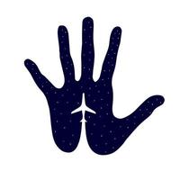 Airplane Icon in hand - vector icon. Airplane, isolated on background of the night sky. Boeing on palm.