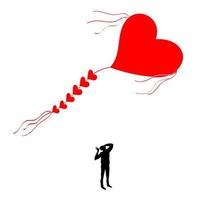 Kite shaped like a heart. Man looking at a flying kite. vector