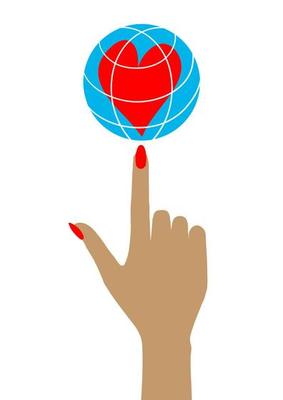 World in hand isolated over white background. Vector Arm that holds globe with heart.