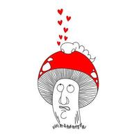 Mushroom. Vector illustration. In love with a worm. Worm on a mushroom with hearts. Funny illustration.