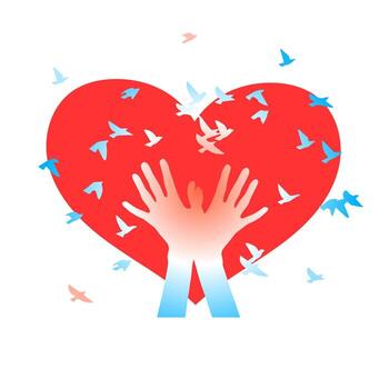 Hands with birds on a background of hearts. vector