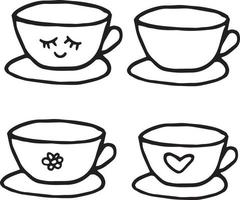 cup and saucer hand drawn set of elements in doodle style. scandinavian. tea, coffee, kitchen, comfort, cafe, drink, menu icon vector